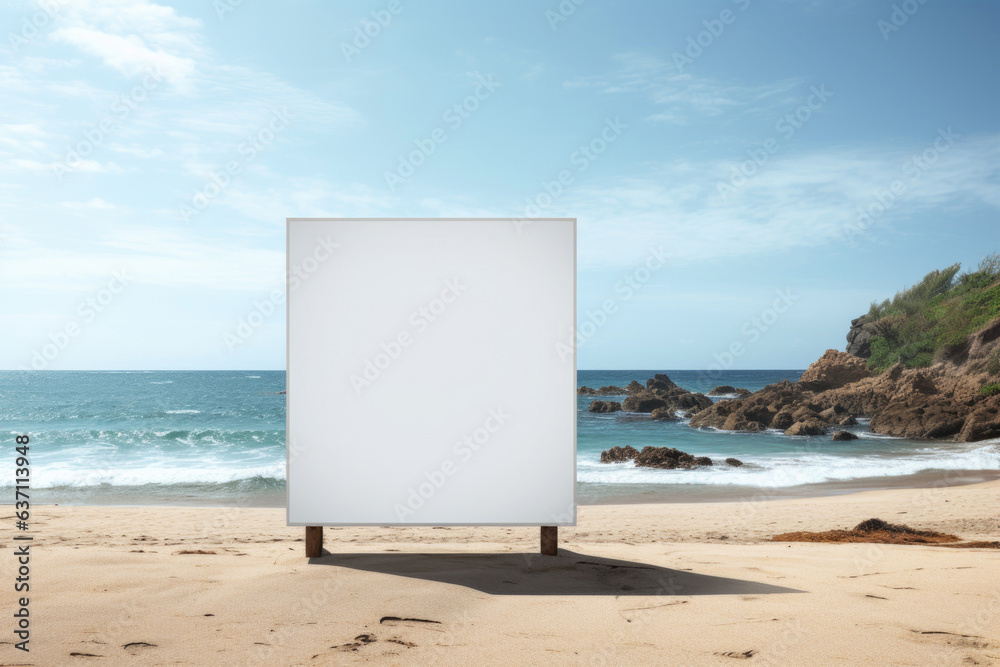 A billboard with a place for text stands on the beach on the sand A billboard with a place for text stands on the beach on the sand