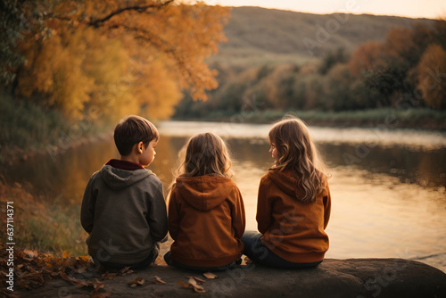 Young Siblings Observing Autumn Twilight at the Lake