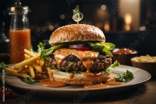  Juicy Giant Hamburger with Abundant Sauce  Appetizing Fast Food