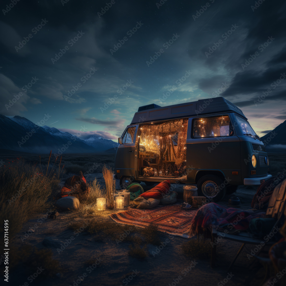 Camping in the van in nature, light switched on inside the van