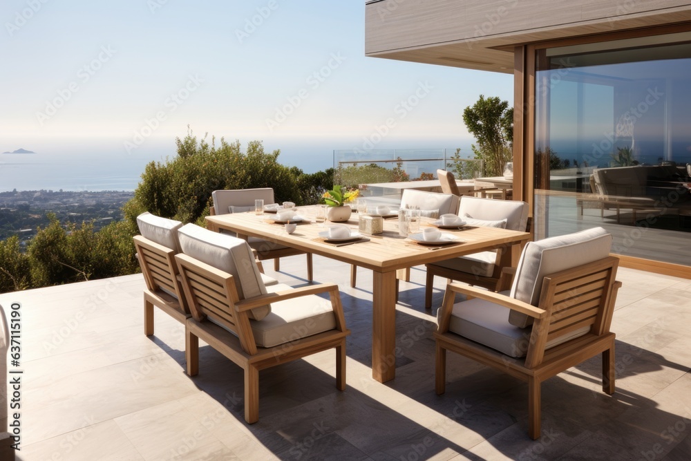 The terrace of a modern house and hotel. Luxury outdoor dining table with chairs The terrace of a modern house and hotel. Luxury outdoor dining table with chairs