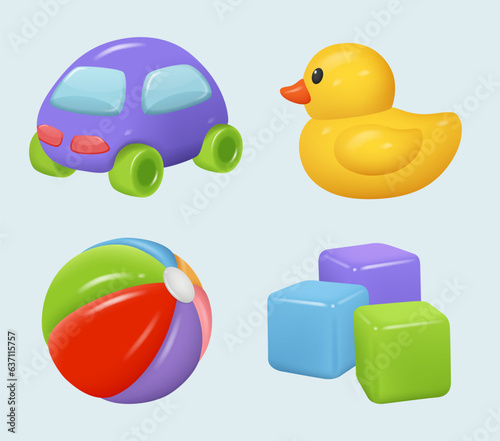 Kids toys. Realistic items for children attractions and pleasure time decent vector plasticine toys