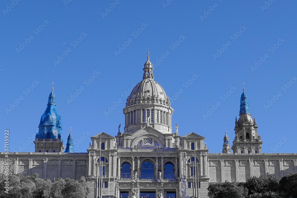 Low angle shot of the historic Montjuic National Palace in Barcelona, Spain