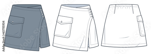 Wrap Mini Skirt technical fashion illustration. Asummetric Skirt fashion flat technical drawing template, pocket, buttons, front and back view, white, grey, women CAD mockup set.