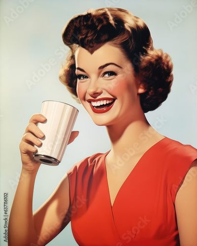 Minimalistic advertising retro postcard of happy smiling woman in red dress, drinking milk from white glass on gray background
