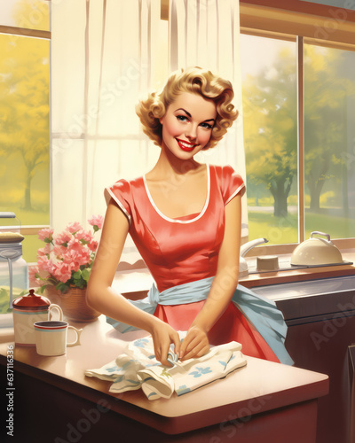 Minimalistic advertising retro postcard of a housewife woman in red dress, standing in the kitchen near the window