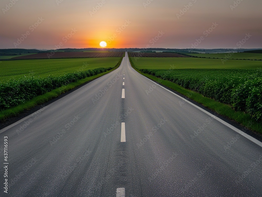 Scenic view of an open road winding towards the horizon, with a glowing sun in the background