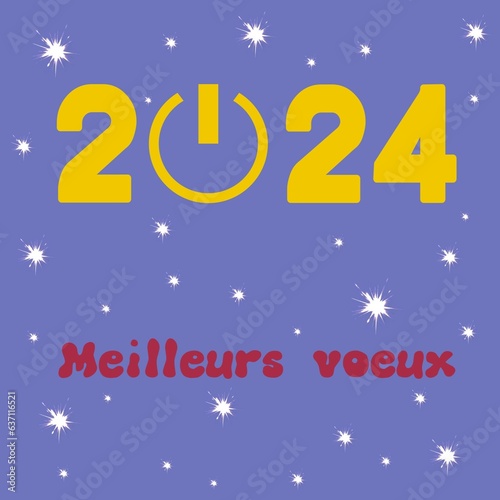 New year 2024 purple squared greeting card written in French in yellow and red with lots of stars with an  on  button