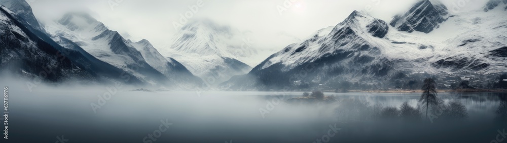 a mountain range covered with snow is seen in the mist Generative AI