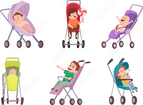 Children in strollers. Funny boys and girls little kids walking in carriage exact vector strollers