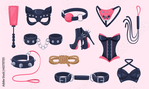 Fetish adults. Role play bdsm game stuff exact vector erotic collection