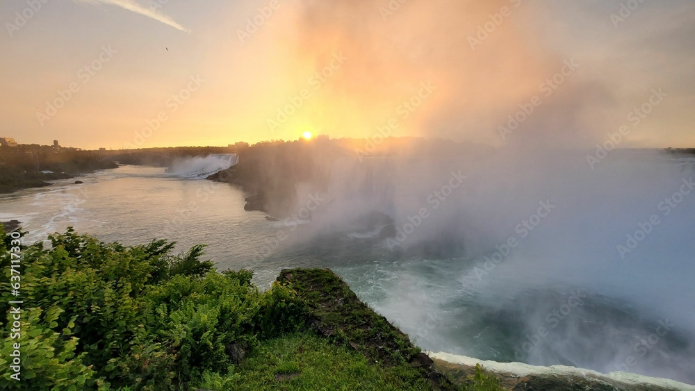 Scenic view of Niagara Falls in Canada at golden sunrise