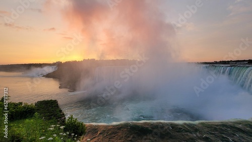 Scenic view of Niagara Falls in Canada at golden sunrise