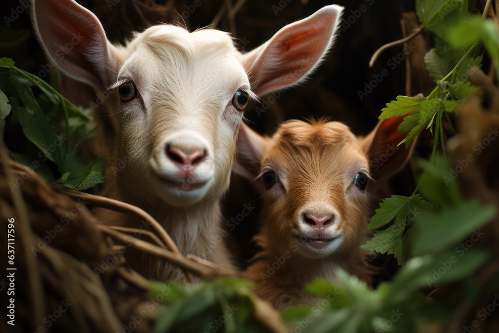 Fototapeta premium two baby goats surrounded by green leaves