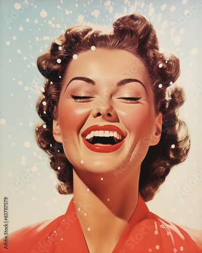 Minimalistic retro postcard of happy woman in red dress, smiling soft flat background