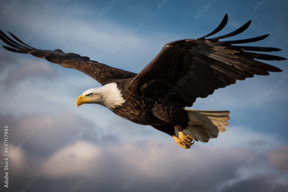Obraz premium A majestic bald eagle soaring through a dramatic cloudy sky