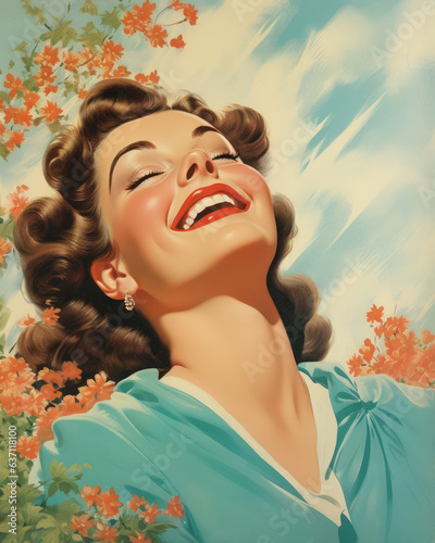 Minimalistic retro postcard of happy smiling woman in light blue dress, looking up on a sky background