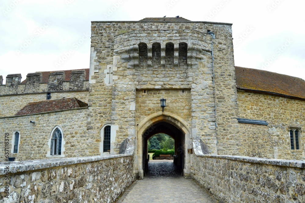 Stone bridge leading into the gatehouse of a medieval castle