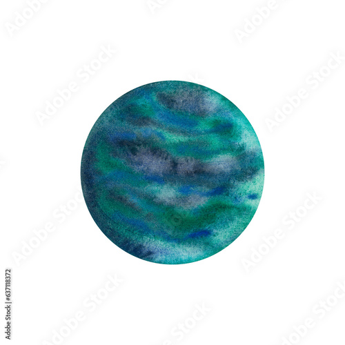 Cartoon of planet Uranus, solar system planets. Science and education. Watercolor illustration isolated on white background.