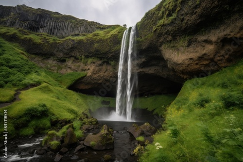 A majestic waterfall surrounded by a vibrant green landscape