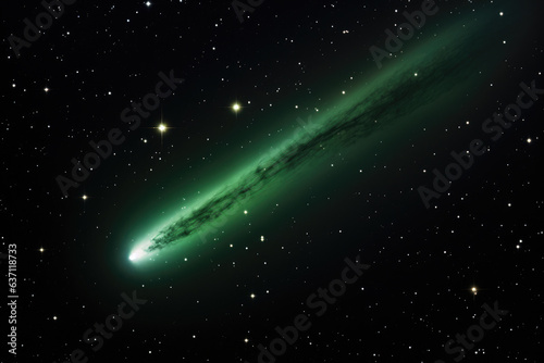 An awe-inspiring sight as a green comet gracefully glides through the vast expanse of space. Perfect for cosmic wonders, celestial beauty, and space exploration-themed visuals.