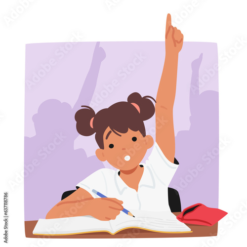 Schoolgirl Character Stretches Her Hand In Class, Eagerly Raising It To Answer A Question Or Seek The Teacher Attention