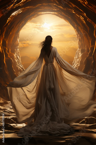 Back of a low angle sunrise fashion photoreal photograph like a movie poster of a beautiful winged Arch angel Michael wearing a white robe with a sword. AI generative