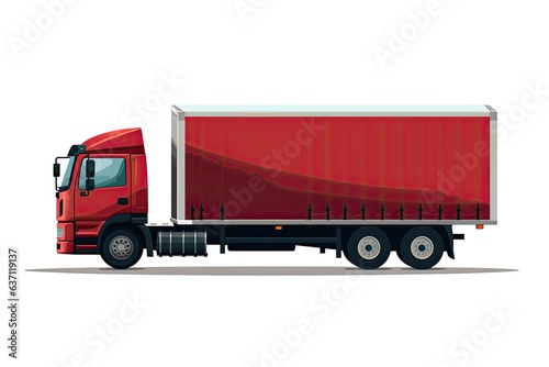 A red truck with a white curtain side trailer and two exhaust pipes, parked on a white background and facing left.