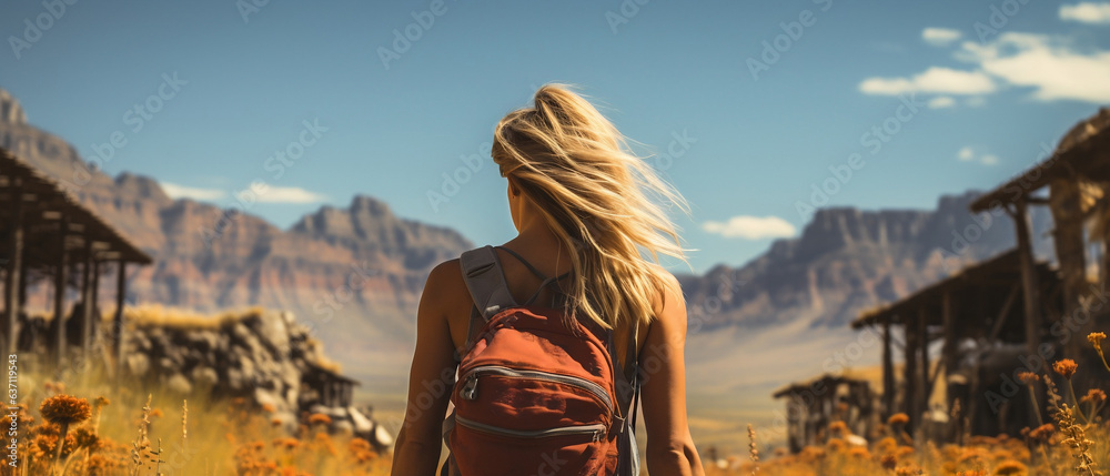 blonde hiker exploring an old empty village in an american style valley