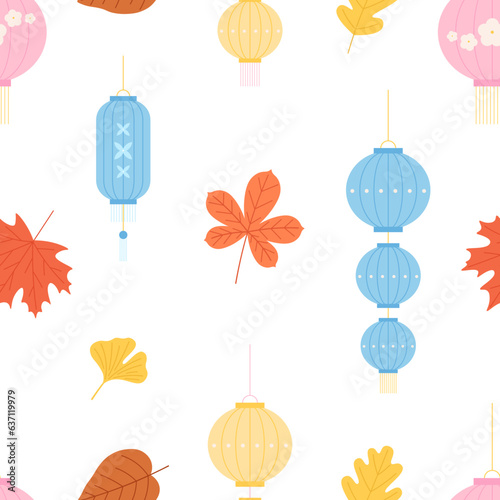 Decorative asian style lantern seamless pattern. Korean, japanese or chinese print template with festival elements, oriental autumn leaves vector background