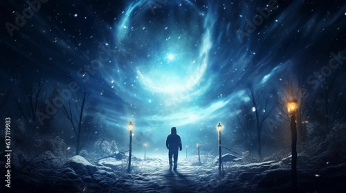 Silhouette of a person standing in a snow-covered alleyway under a starry night sky, AI-generated.