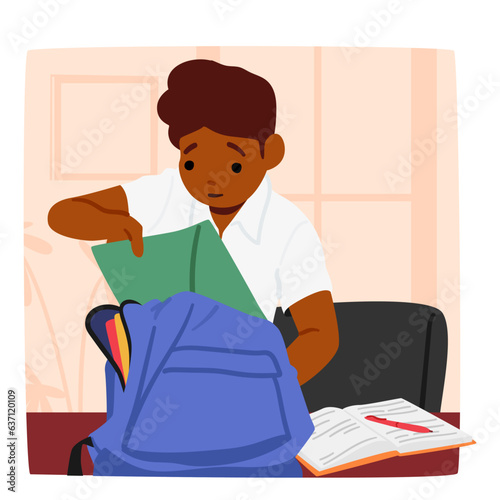 Schoolboy Character Places Things Into His Bag, Organizing Books, Notebooks, And Supplies For The Day Ahead