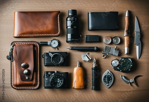 AI generated illustration of an outdoor enthusiast's collection of everyday carry items