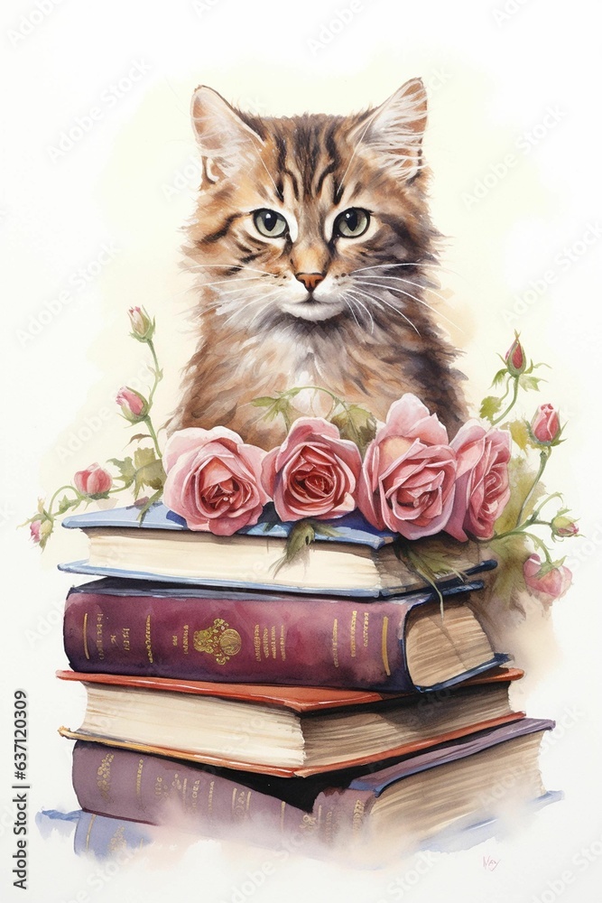A domestic cat sits atop a pile of hardcover books adorned with pink roses A domestic cat sits atop a pile of hardcover books adorned with pink roses