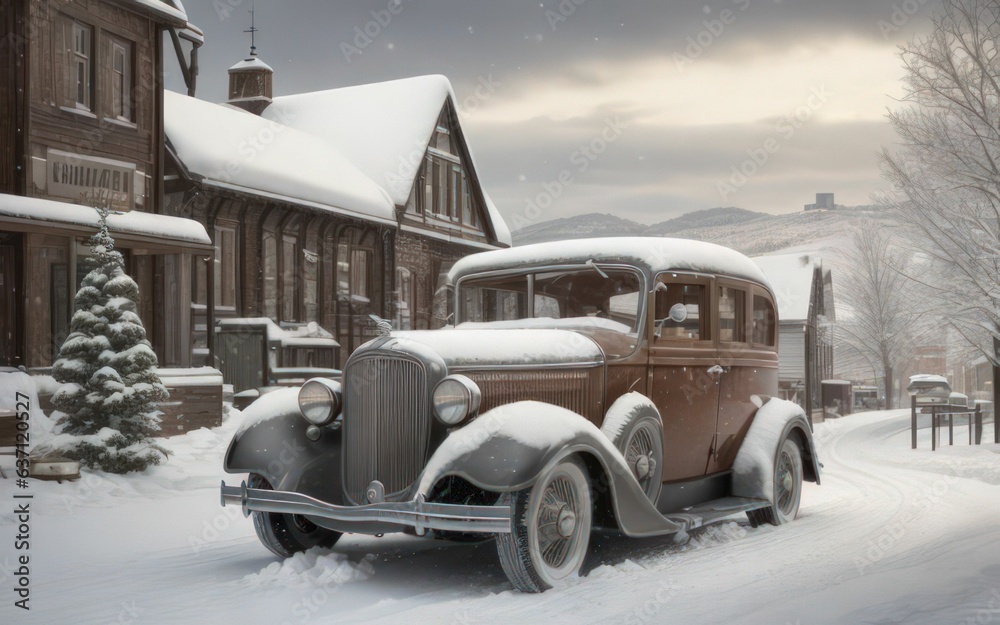 Fototapeta premium AI generated illustration of an antique car parked on a snowy street