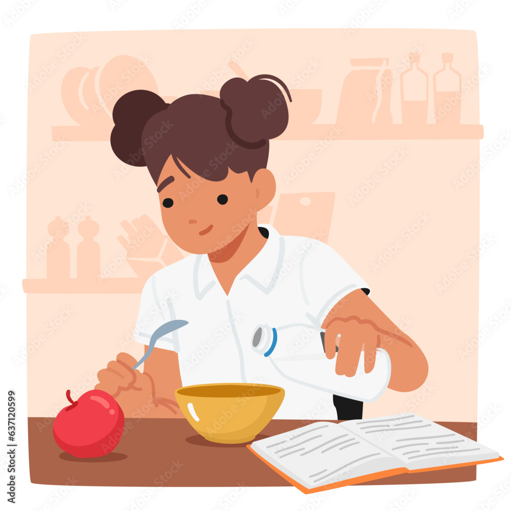 Focused Schoolgirl Character Engrossed In Reading While Eating her Lunch, Exemplifying Multitasking And Dedication Focused Schoolgirl Character Engrossed In Reading While Eating her Lunch, Exemplifying Multitasking And Dedication