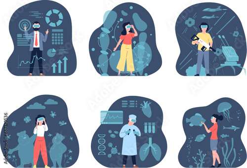People wear vr glasses for entertainment. Virtual reality in life, work and free time. Ai technologies, person using digital applications recent vector scenes