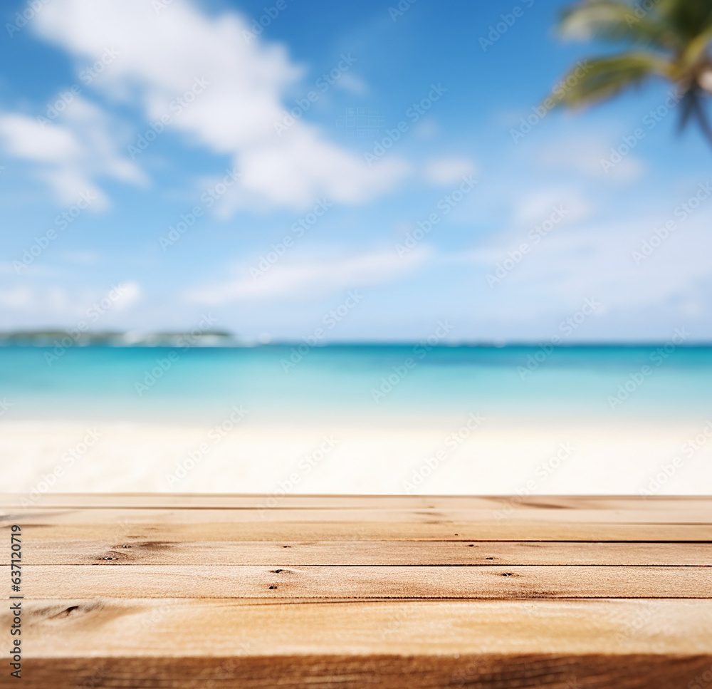 Fototapeta premium presentation space on empty wooden on beach