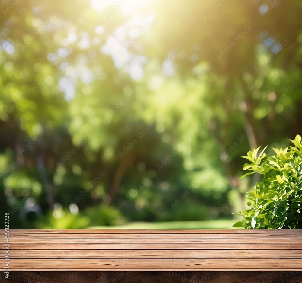 Wooden empty and blurred green nature garden Wooden empty and blurred green nature garden