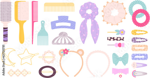 Cartoon hair slide and clips, girls hairbands items. Plastic pins, flat fabric rubbers. Hairdressing equipment, fashion female band racy vector set