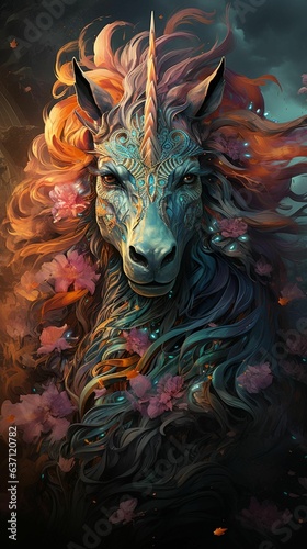 AI generated illustration of a fantasy unicorn surrounded by flowers