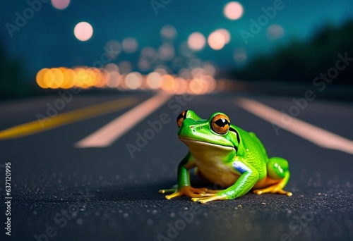 AI generated illustration of a green frog on an asphalt road