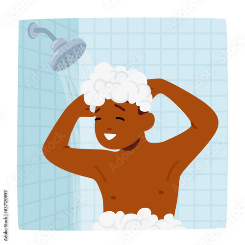 Boy Hygiene, Daily Routine Concept. Child Joyfully Lathering Body In Shower, Giggling As Soap Bubbles Form