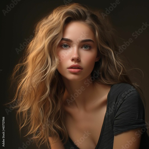 a beautiful young woman with long, flowing hair looking into the camera with a soft expression