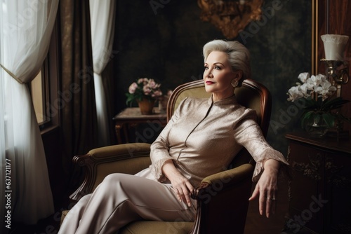A portrait of a mature and beautiful woman sitting in an armchair in a luxurious room. She wears a light-colored outfit with a metallic sheen. She looks sad and lonely.