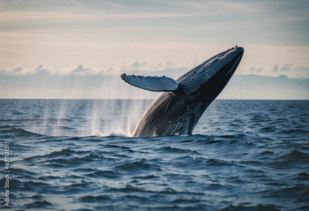 Fototapeta premium AI generated illustration of a humpback whale jumping out of sea waves
