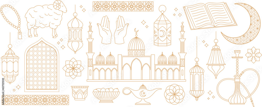 Traditional arabic symbols, golden line lantern and ornate borders. Sheep and muslim mosaic, floral decorative elements. Arab racy vector set