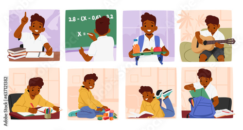 Boy Character School Day Routine. Student Putting Things Into The Bag, Solve Task On Blackboard, Doing Homework