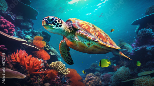 Turtle_swims_in_the_corals_underwater © Creative artist1