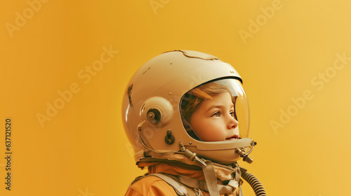Portrait of an 8 years old boy wearing an astronaut helmet isolated on flat orange background with copy space. Creative concept of imagination, dreams of future profession.